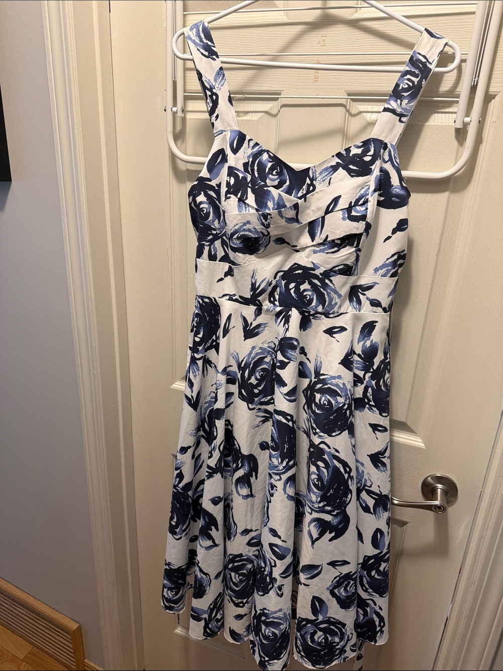 Navy Floral Midi Dress with Sweetheart Bodice